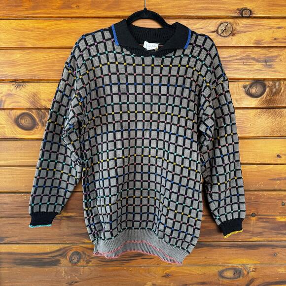 Vintage Sweaters - VINTAGE | CHRISTINE FOLEY 1980s GRID Cotton Collar Sweater Size S/M